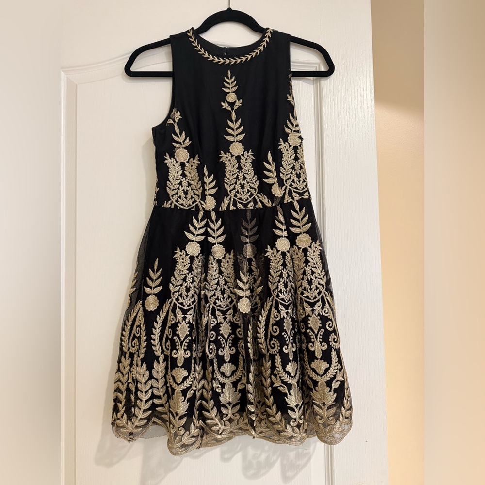 Altar'd State Black and Gold Fit and Flare Midi Dress